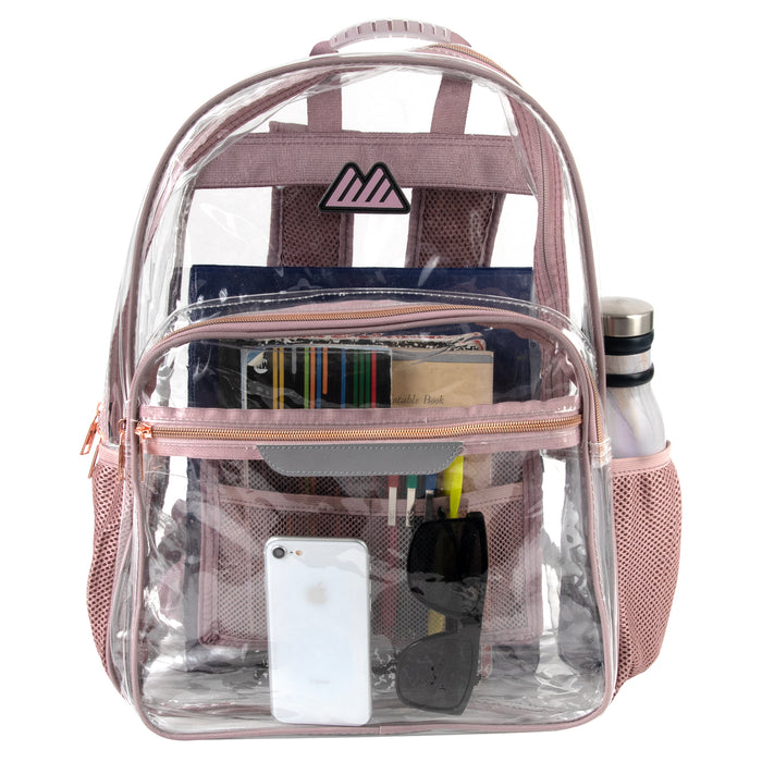 18-inch clear PVC backpack with pink trim, side mesh pockets, and a reflective patch, filled with items.