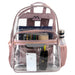 18-inch clear PVC backpack with pink trim, side mesh pockets, and a reflective patch, filled with items.