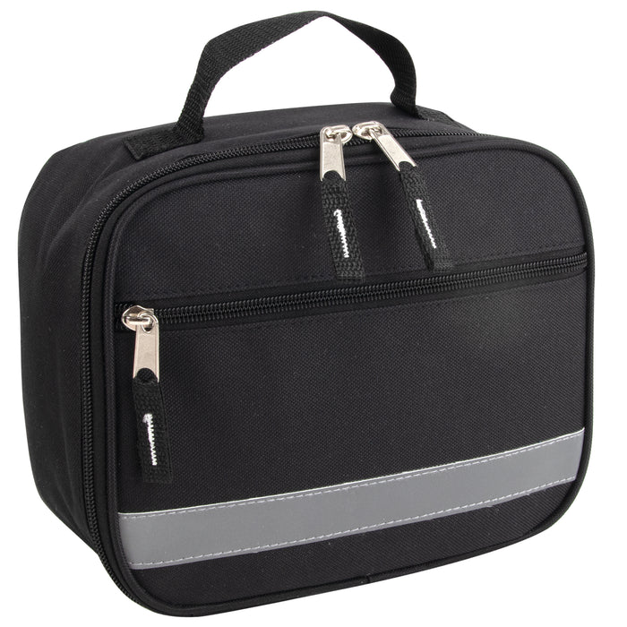 Black 600D polyester lunch bag with reflective strap, front zippered pocket, and padded carry handle.