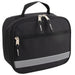 Black 600D polyester lunch bag with reflective strap, front zippered pocket, and padded carry handle.
