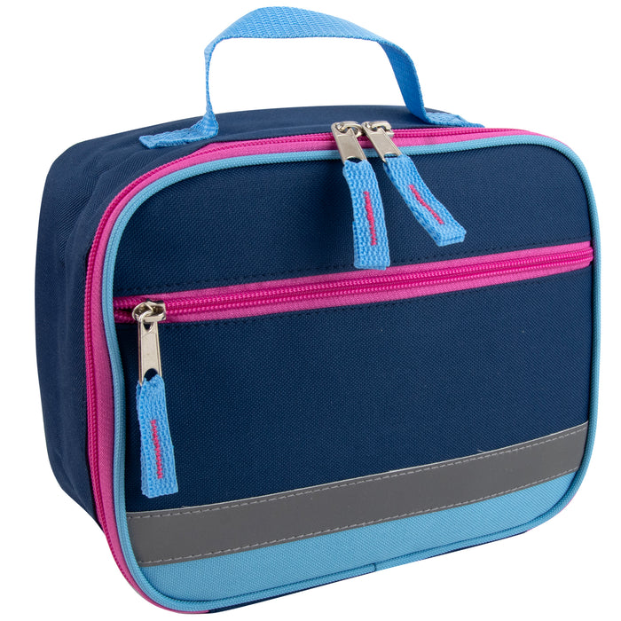 Navy blue 600D polyester lunch bag with pink zippers, light blue trim, and a reflective strap.