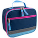 Navy blue 600D polyester lunch bag with pink zippers, light blue trim, and a reflective strap.