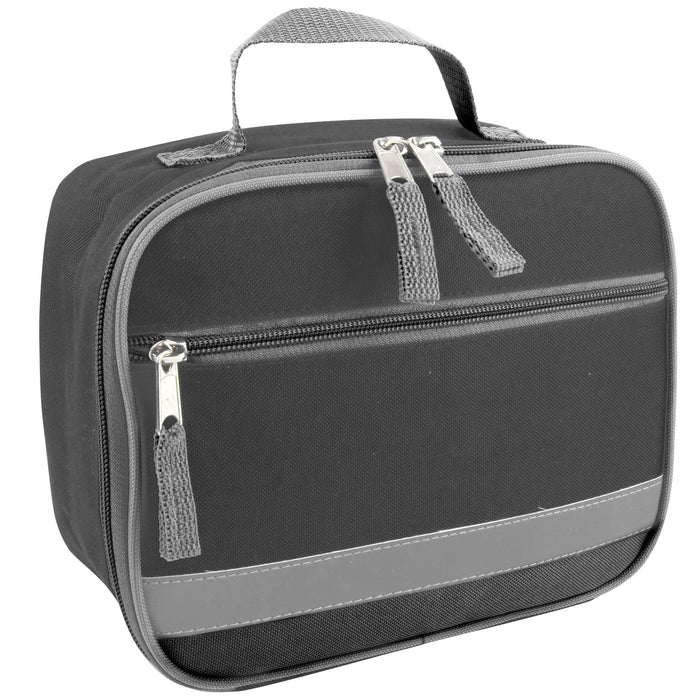 Black 600D polyester Fridge Pak lunch bag with reflective strap, front pocket, and padded handle.