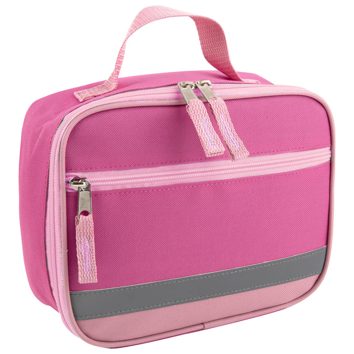 Pink Fridge Pak lunch bag with reflective strap, front zipper pocket, and padded handle.