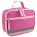 Pink Fridge Pak lunch bag with reflective strap, front zipper pocket, and padded handle.