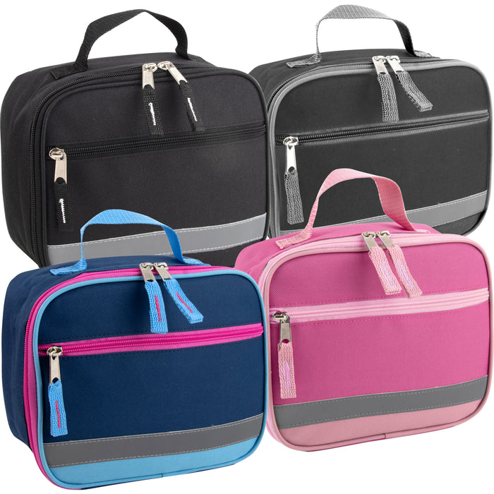 Four Fridge Pak Reflective Strap Lunch Bags in black, gray, navy, and pink, with zippered pockets and padded handles.