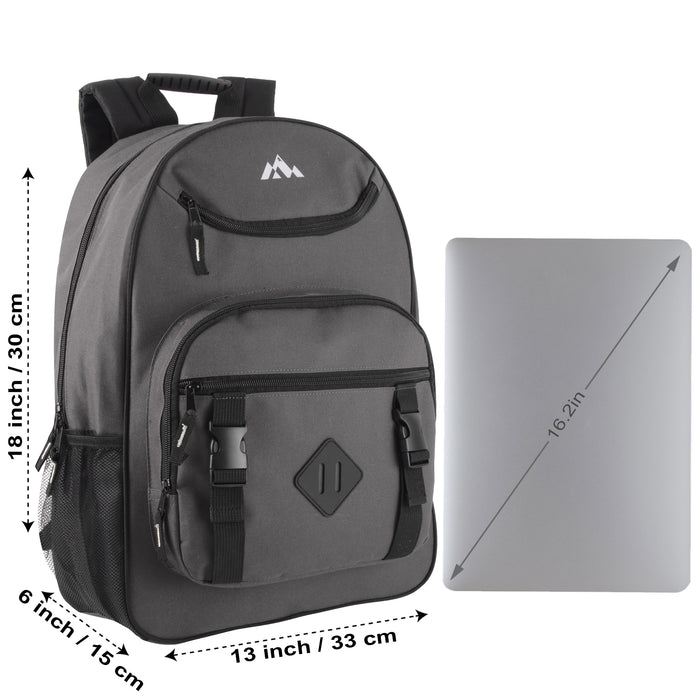 18 Inch Double Buckle Backpack with Laptop Section -  4 Colors - BagsInBulk.com