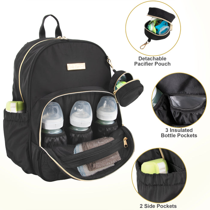 Baby Essentials Front Quilted Pocket Diaper Bag Backpack + Changing Pad + Pacifier Pouch - Black