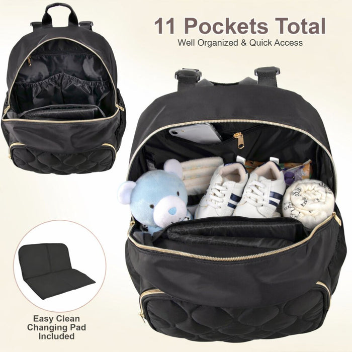Baby Essentials Front Quilted Pocket Diaper Bag Backpack + Changing Pad + Pacifier Pouch - Black