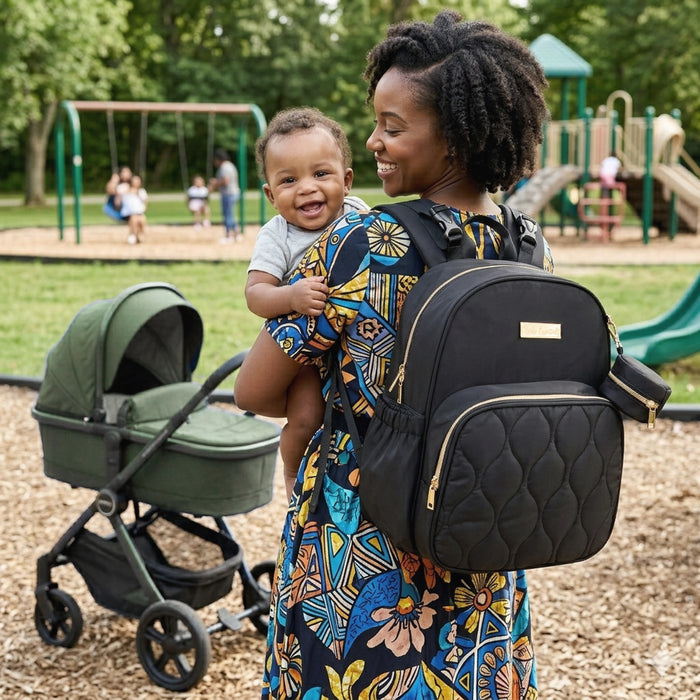 Baby Essentials Front Quilted Pocket Diaper Bag Backpack + Changing Pad + Pacifier Pouch - Black