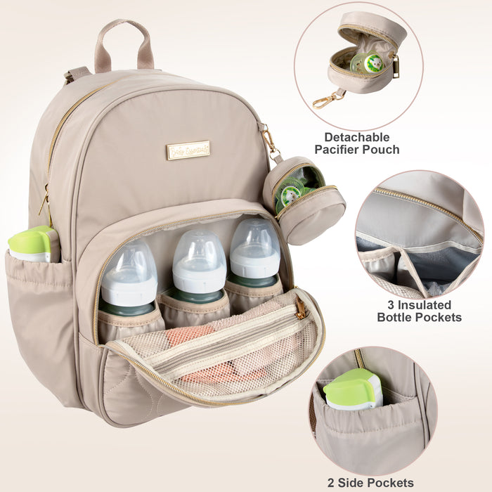 Baby Essentials Front Quilted Pocket Diaper Bag Backpack + Changing Pad + Pacifier Pouch - Beige