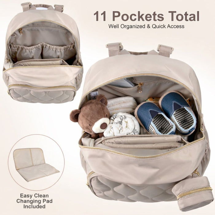 Baby Essentials Front Quilted Pocket Diaper Bag Backpack + Changing Pad + Pacifier Pouch - Beige