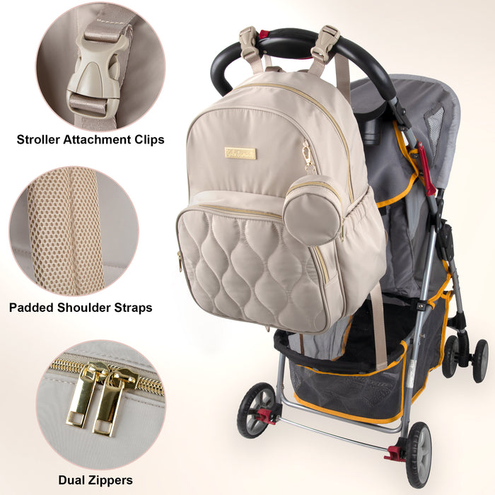 Baby Essentials Front Quilted Pocket Diaper Bag Backpack + Changing Pad + Pacifier Pouch - Beige