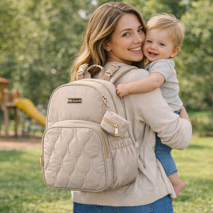 Baby Essentials Front Quilted Pocket Diaper Bag Backpack + Changing Pad + Pacifier Pouch - Beige