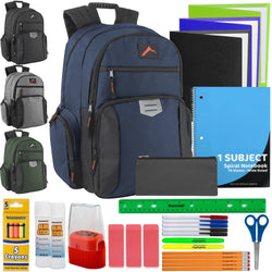 18-Inch Reflective Multi Pocket Backpack with Laptop Section with 30-Piece School Supply Kit - 4 Colors - BagsInBulk.com