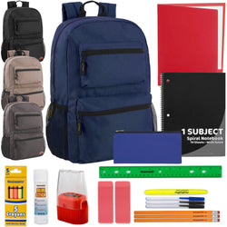 17 Inch Double Front Pocket Backpack with 20-Piece School Supply Kit - 4 Boys Colors - BagsInBulk.com