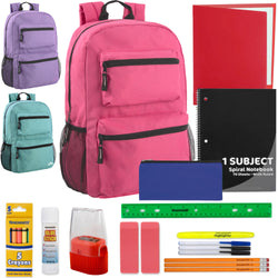 17 Inch Double Front Pocket Backpack with 20-Piece School Supply Kit - 3 Colors - BagsInBulk.com