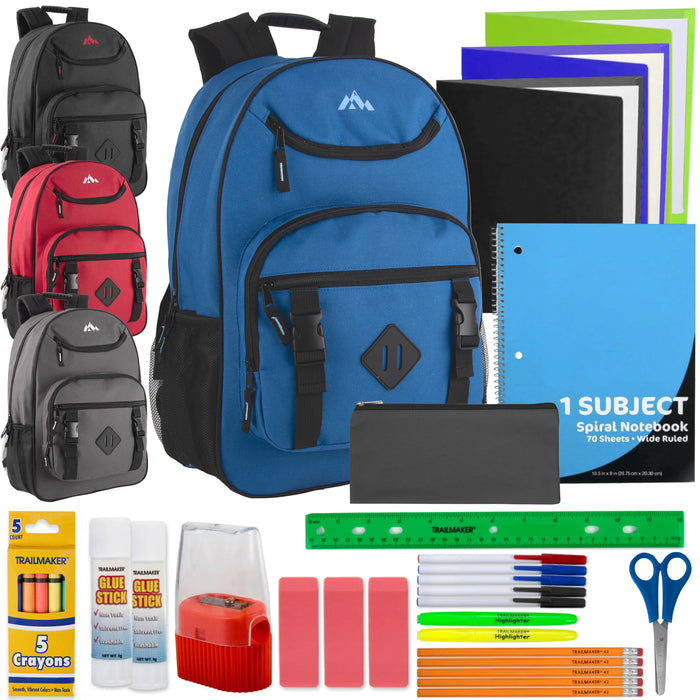 18-Inch Double Buckle Backpack with Laptop Section with 30-Piece School Supply Kit - 4 Color Assortment