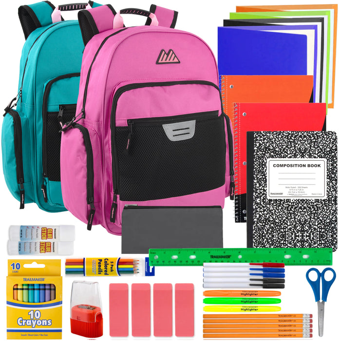 18-inch Multi Pocket Reflective Collegiate Backpack with Laptop Section with 45-Piece School Supply Kit - 2 Girl Colors