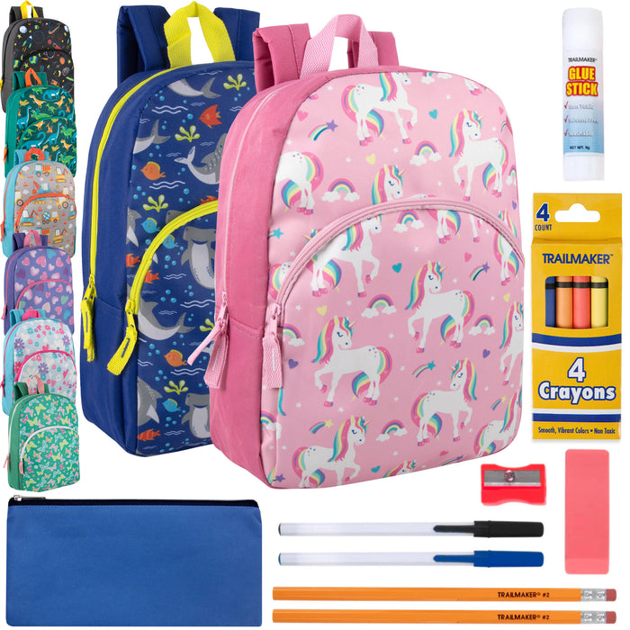 15-inch Bulk Character Backpack with 12-Piece School Supplies Kit