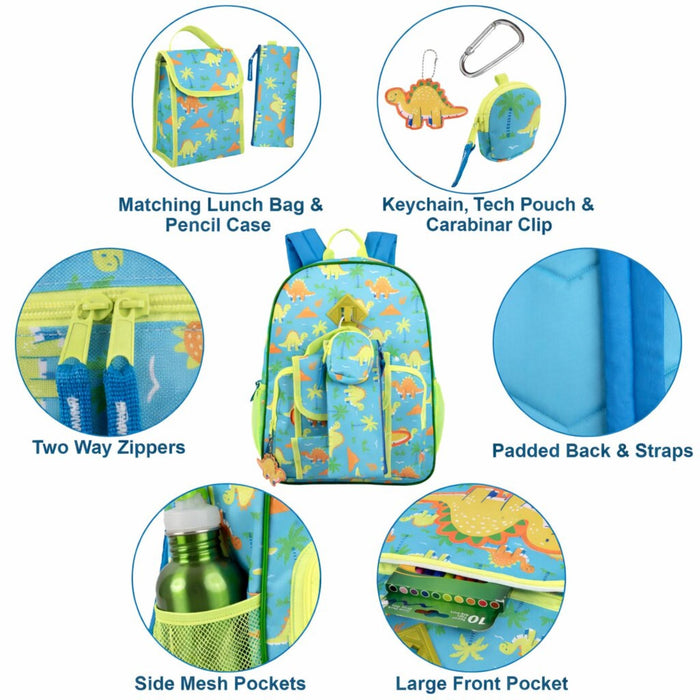6-in-1 Bulk Children's Dinosaur Printed Backpack Set with Lunch Bag, Pencil Case & Tech Pouch