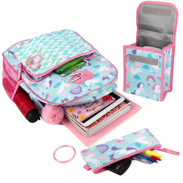 6-in-1 Bulk Children's Unicorn Printed Backpack Set with Lunch Bag, Pencil Case & Tech Pouch