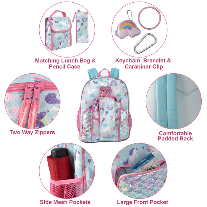 6-in-1 Bulk Children's Unicorn Printed Backpack Set with Lunch Bag, Pencil Case & Tech Pouch