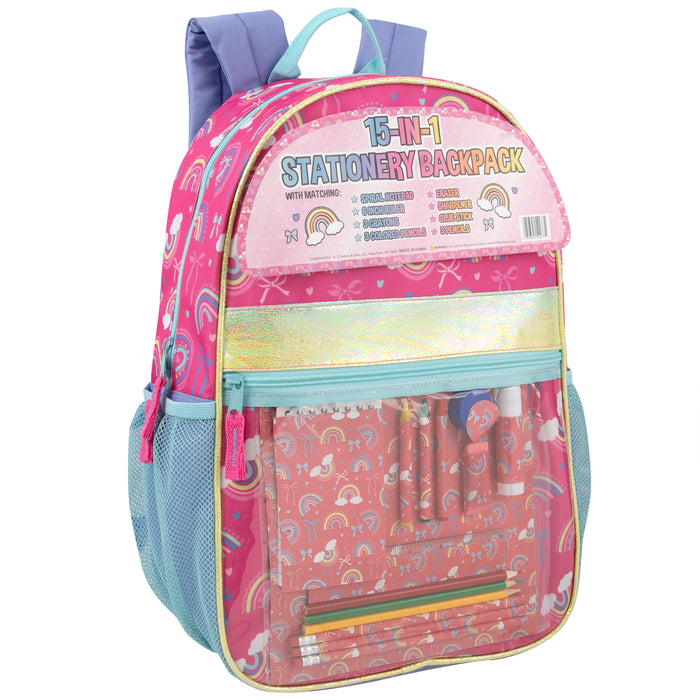 17-inch Rainbow Themed Backpack with 14-Piece School Supplies Kit