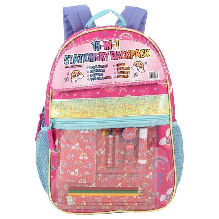 17-inch Rainbow Themed Backpack with 14-Piece School Supplies Kit