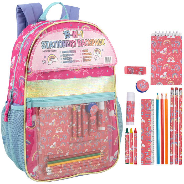 17-inch Rainbow Themed Backpack with 14-Piece School Supplies Kit