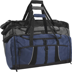 Three 26-inch Trailmaker duffle bags in black, gray, and blue 600D polyester with reflective piping.