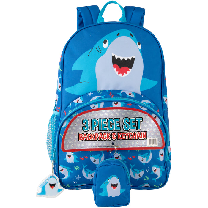17 Inch Shark Themed Backpack with Matching Mini Bag & Keychain