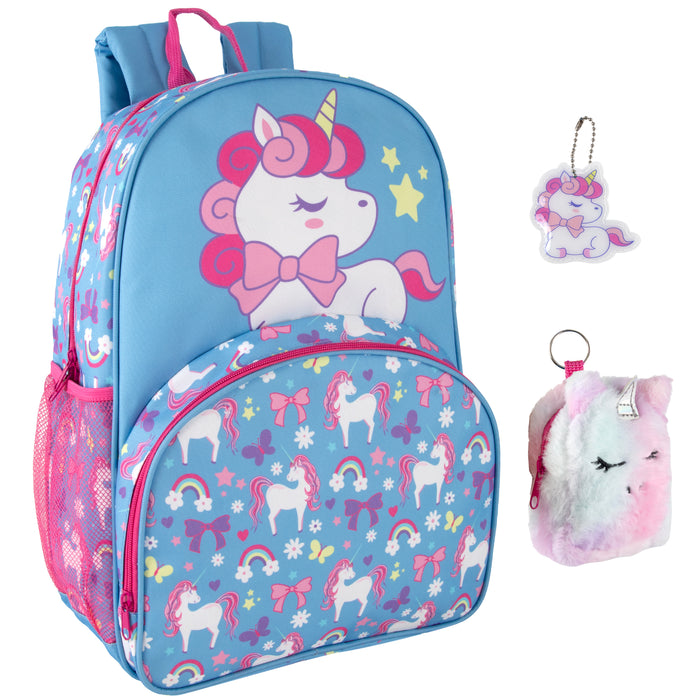 17 Inch Unicorn Themed Backpack with Matching Mini Bag & Keychain