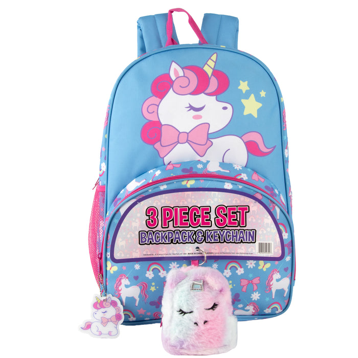 17 Inch Unicorn Themed Backpack with Matching Mini Bag & Keychain