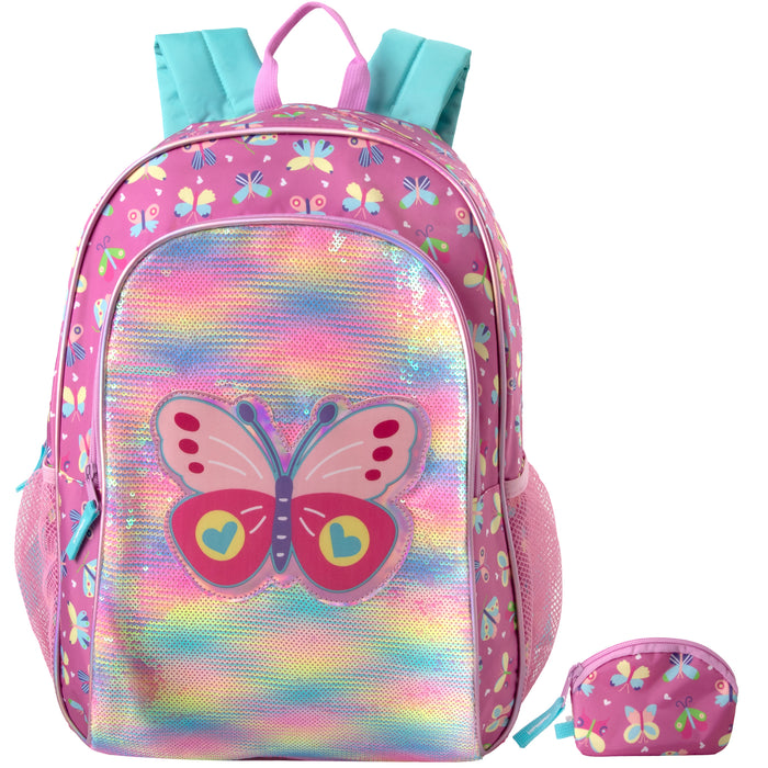 17-Inch Bulk Sequined Butterfly Children's Backpack with Matching Coin Purse (Pink)