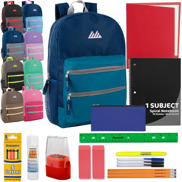 17-Inch Bulk Double Front Zippered Pocket Backpack with 20-Piece School Supplies Kit