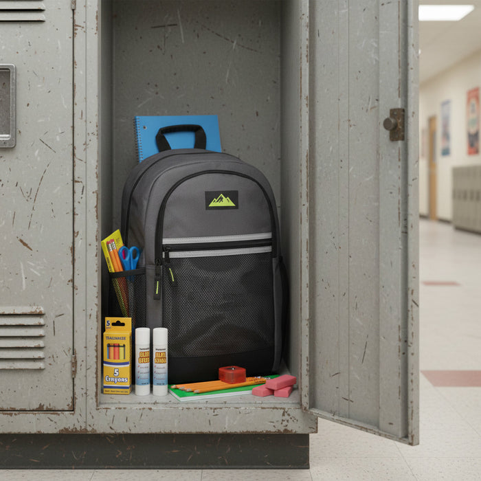 18-Inch Bulk Multi-Pocket Reflective Backpack with 30-Piece School Supply Kit - 8 Color Assortment