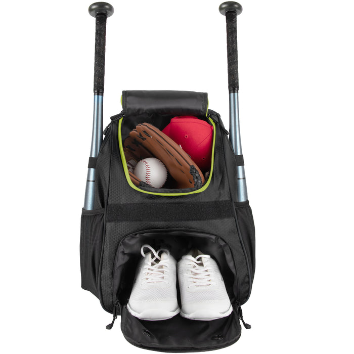 Baseball Backpacks with Bat, Ball & Shoe Compartment - Black