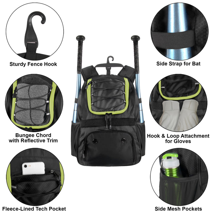Baseball Backpacks with Bat, Ball & Shoe Compartment - Black
