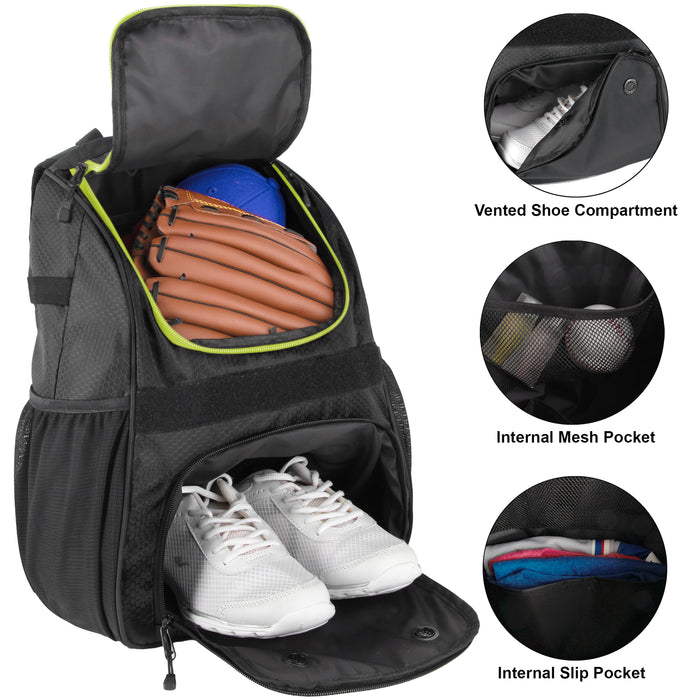 Baseball Backpacks with Bat, Ball & Shoe Compartment - Black