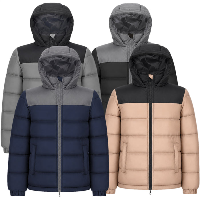 Youth Winter Hooded Two Tone Puffer Coat - 4 Colors