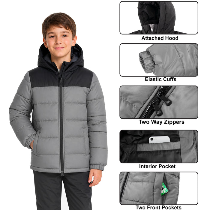Youth Winter Hooded Two Tone Puffer Coat - 4 Colors
