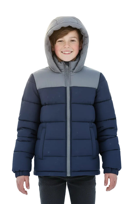 Youth Winter Hooded Two Tone Puffer Coat - 4 Colors