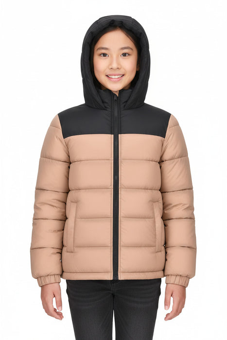 Youth Winter Hooded Two Tone Puffer Coat - 4 Colors