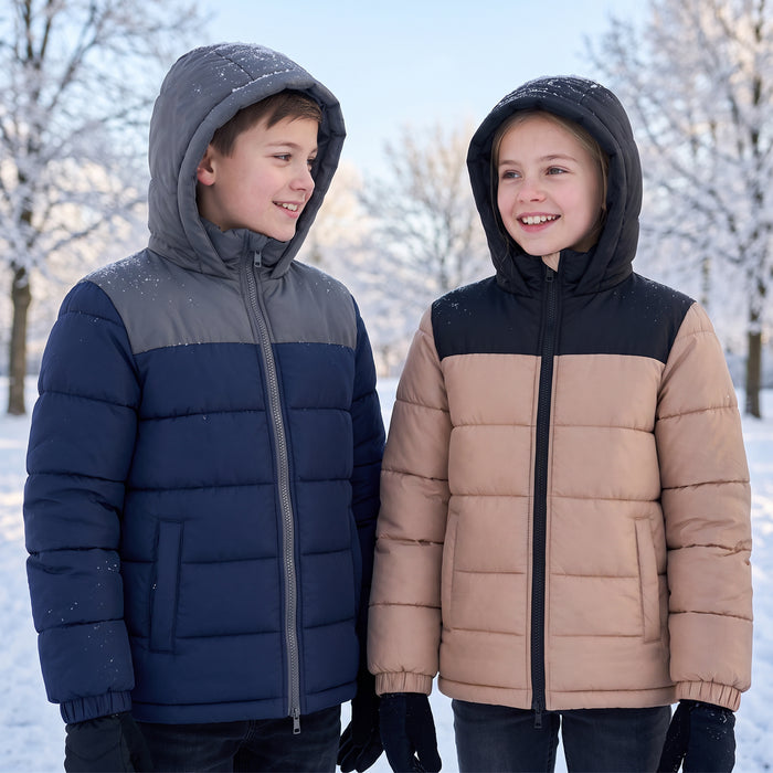 Youth Winter Hooded Two Tone Puffer Coat - 4 Colors