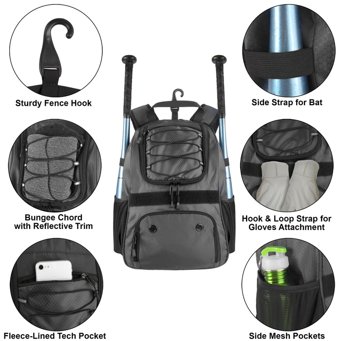 Baseball Backpacks with Bat, Ball & Shoe Compartment - Grey