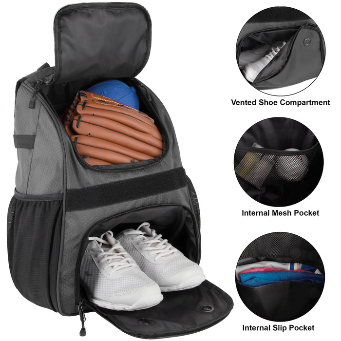 Baseball Backpacks with Bat, Ball & Shoe Compartment - Grey