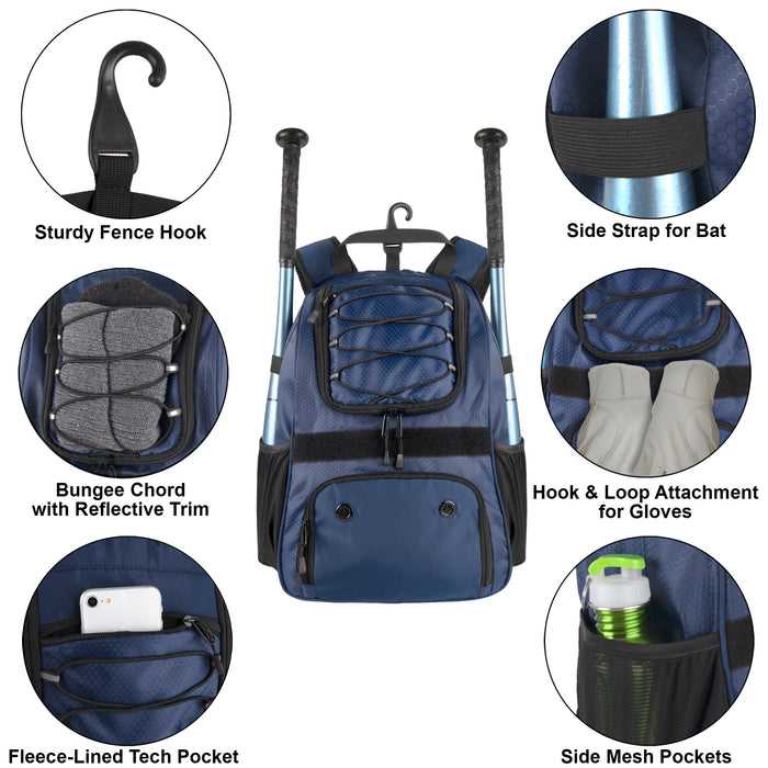 Baseball Backpacks with Bat, Ball & Shoe Compartment - Navy