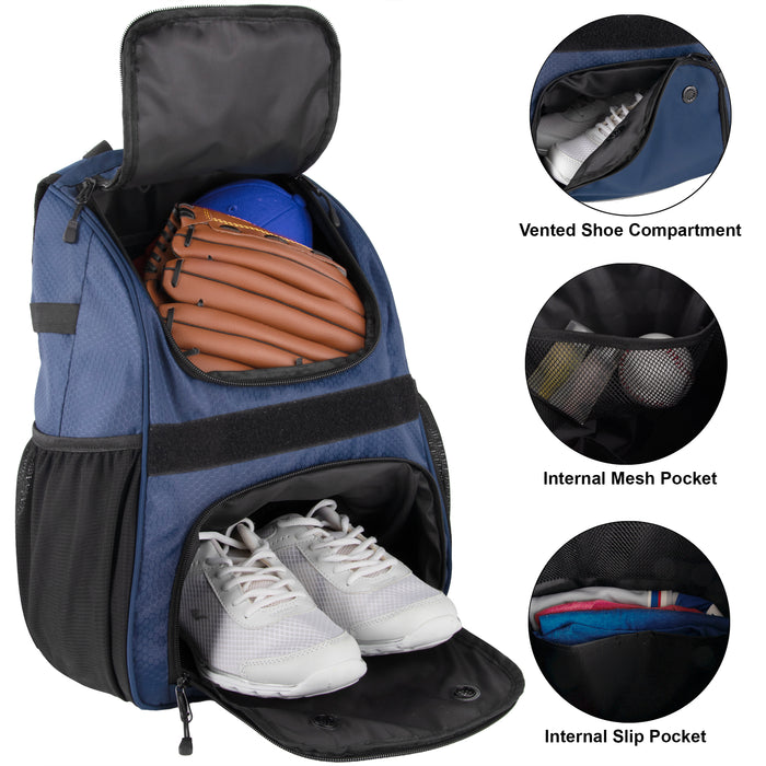Baseball Backpacks with Bat, Ball & Shoe Compartment - Navy