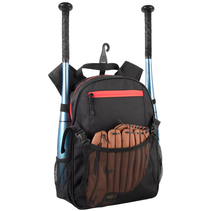 Youth Baseball & Softball Backpacks with Bat, Glove Mesh Pocket  - Black